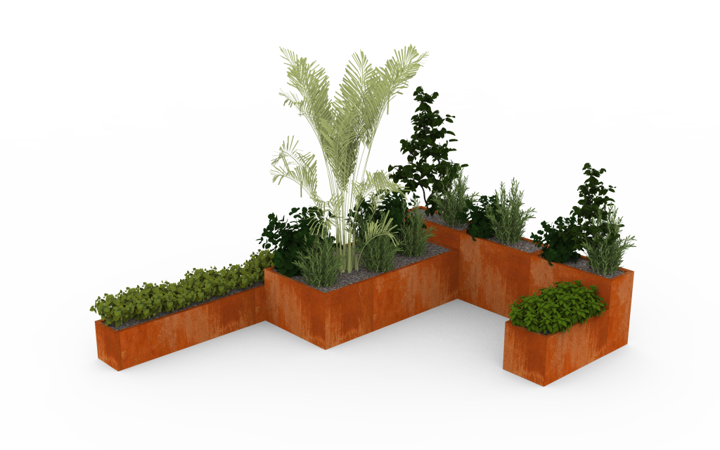 straturi de grădină metalice dreptunghiulare din corten cu plante