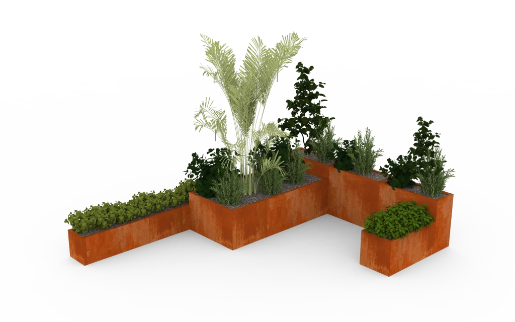 straturi de grădină metalice dreptunghiulare din corten cu plante