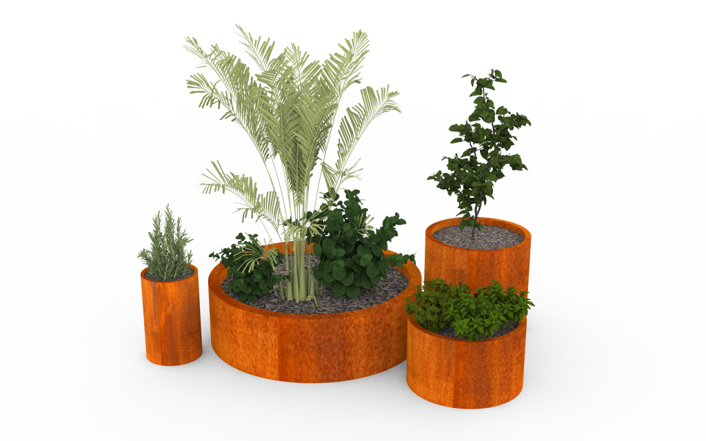 strat de grădină metalic rotund din corten cu plante decorative