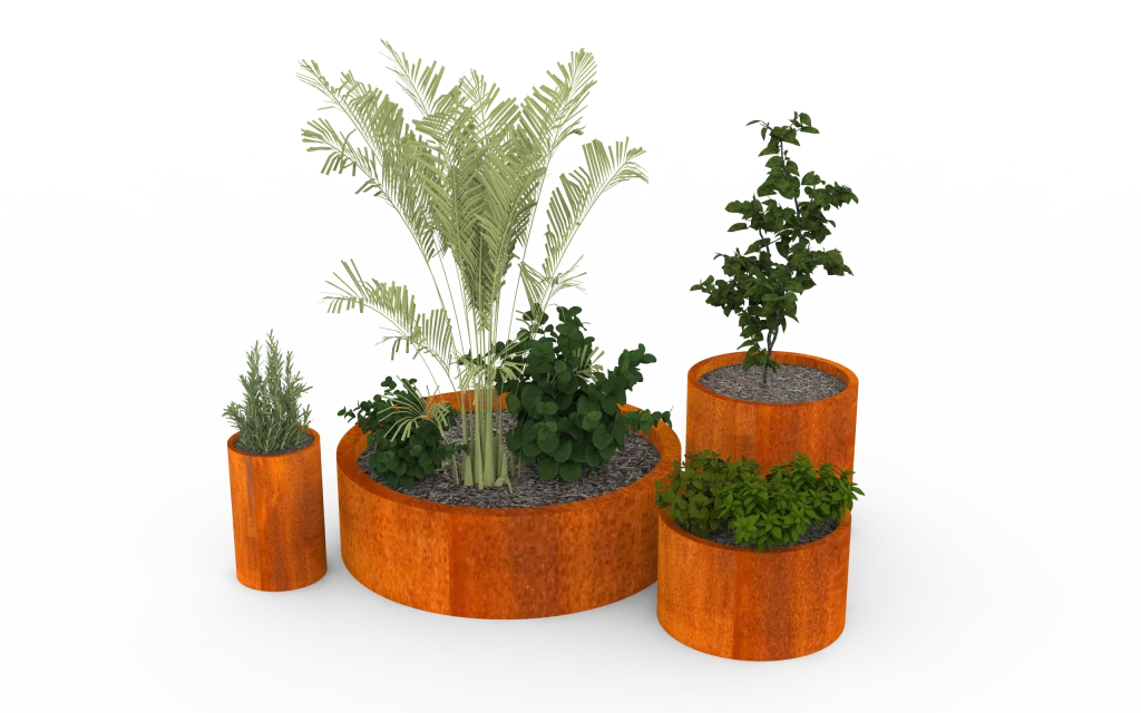 strat de grădină metalic rotund din corten cu plante decorative