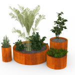 strat de grădină metalic rotund din corten cu plante decorative