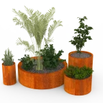 strat de grădină metalic rotund din corten cu plante decorative