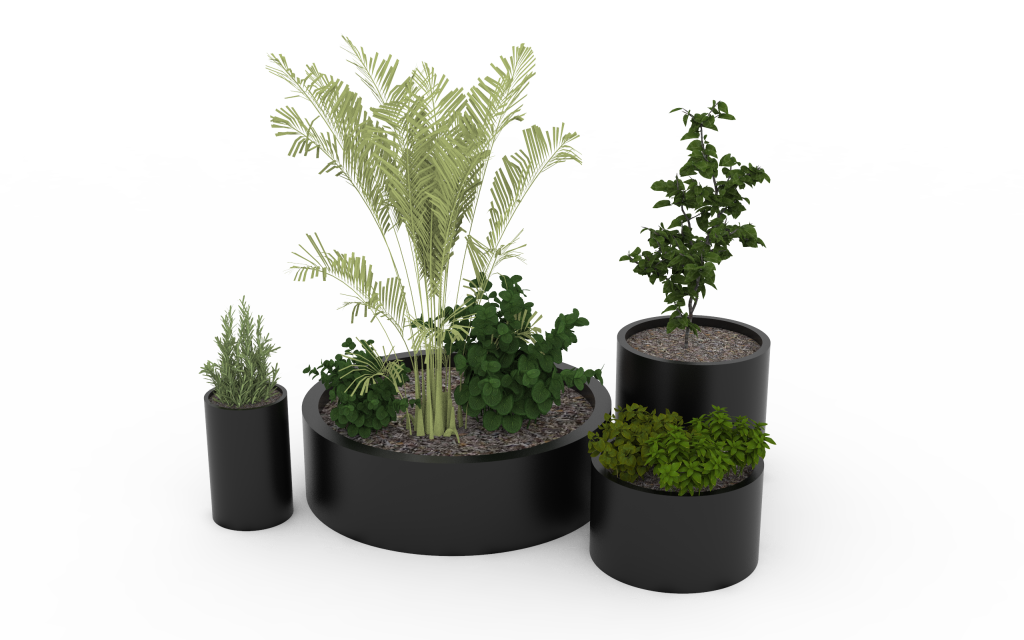 strat de grădină metalic rotund din oțel vopsit negru cu plante