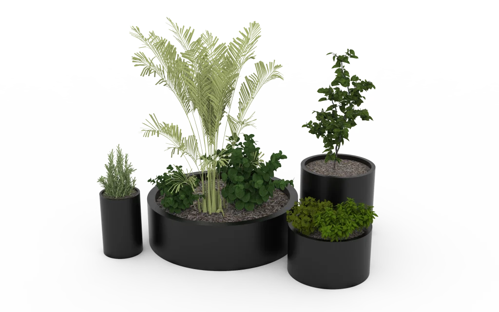 strat de grădină metalic rotund din oțel vopsit negru cu plante