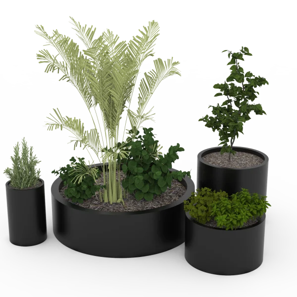 strat de grădină metalic rotund din oțel vopsit negru cu plante