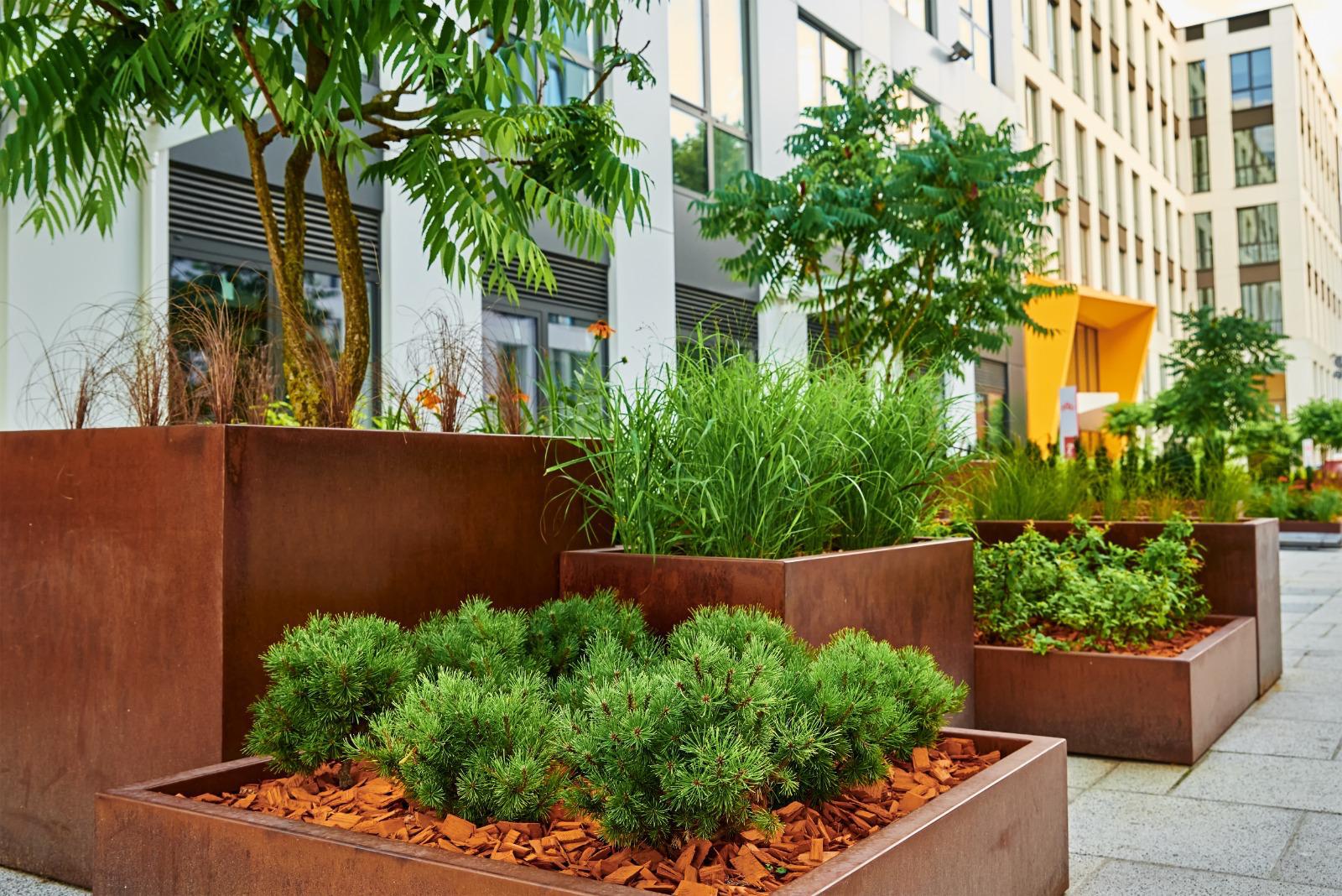 Ansamblu jardiniere corten grădină urbană modernă — jardiniere metalice corten Timișoara, execuție Indio