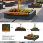Jardinieră urbană cu bancă din lemn de stejar și structură metalică antracit