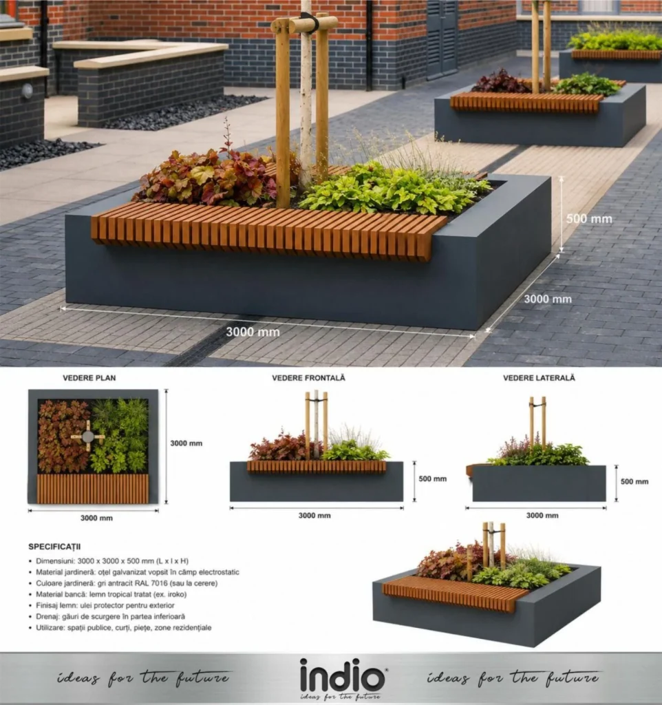 Jardinieră urbană cu bancă din lemn de stejar și structură metalică antracit