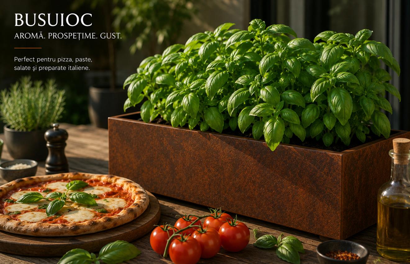 Busuioc cultivat într-o jardinieră din aluminiu Indio
