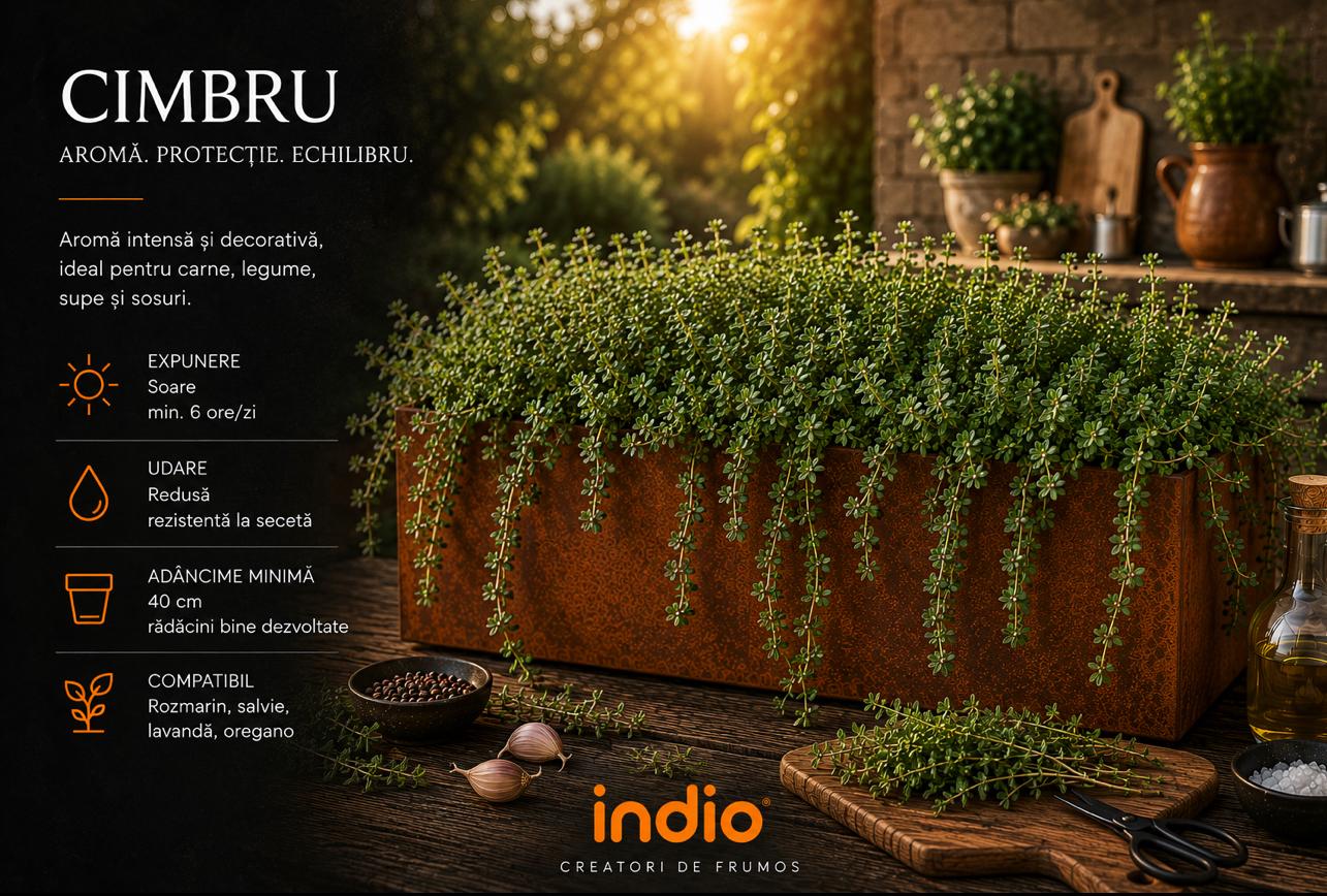 Cimbru cultivat într-o jardinieră metalică Indio