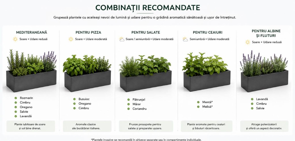 Combinații recomandate de plante aromatice pentru jardiniere metalice Indio