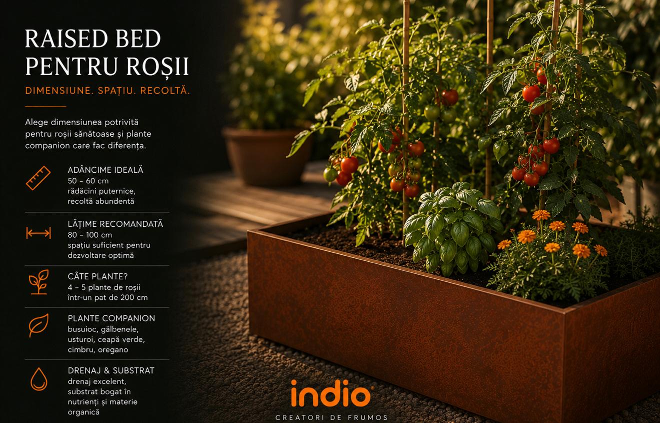 Infografic dimensiuni Raised Bed pentru roșii: adâncime, lățime, număr plante și plante companion Indio