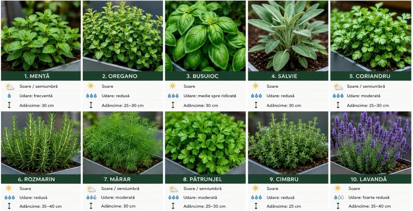 Infografic ghid rapid 10 plante aromatice pentru jardiniere metalice