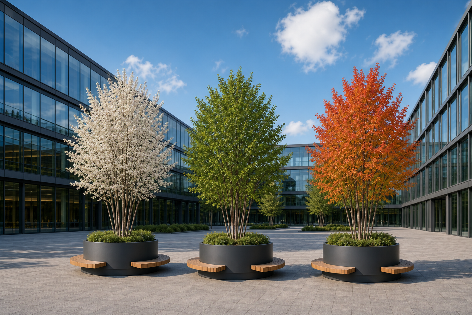 Amelanchier lamarckii in jardiniera urbana Indio - primavara, vara si toamna