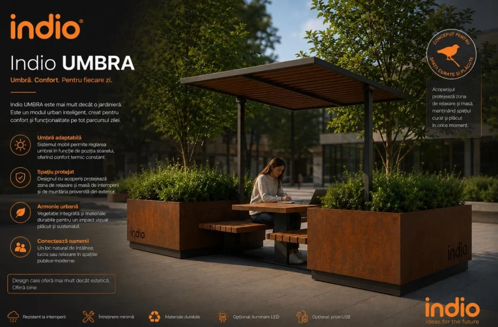 Indio UMBRA - modul urban inteligent cu acoperis mobil, jardiniere integrate si banca din lemn
