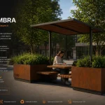 Indio UMBRA - modul urban inteligent cu acoperis mobil, jardiniere integrate si banca din lemn