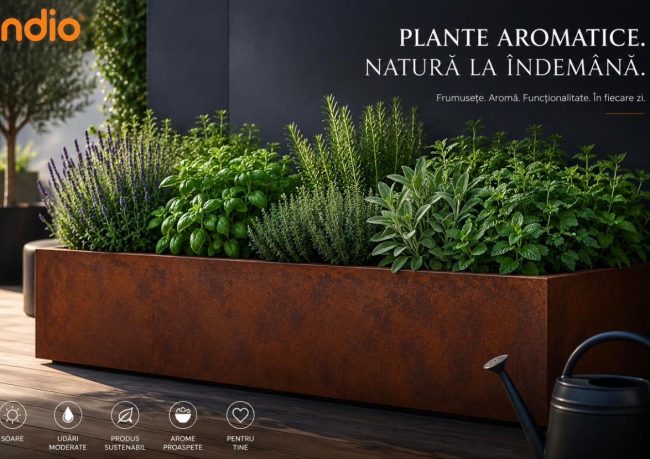 Jardinieră metalică Indio plină cu plante aromatice pe terasă