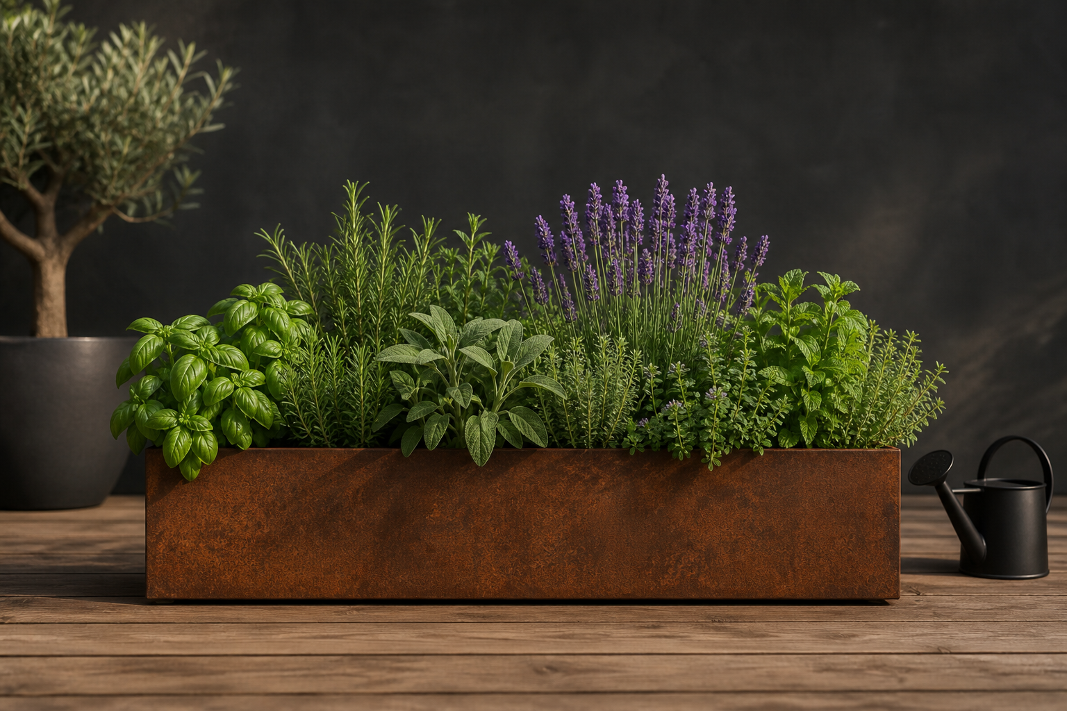 Jardinieră metalică Corten Indio plină cu plante aromatice: busuioc, rozmarin, salvie, lavandă și mentă