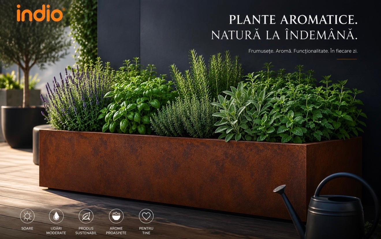 Jardinieră metalică Indio plină cu plante aromatice pe terasă