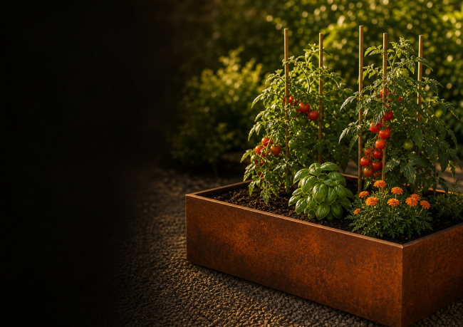 Pat înălțat Raised Bed din oțel corten Indio cultivat cu roșii, busuioc și gălbenele