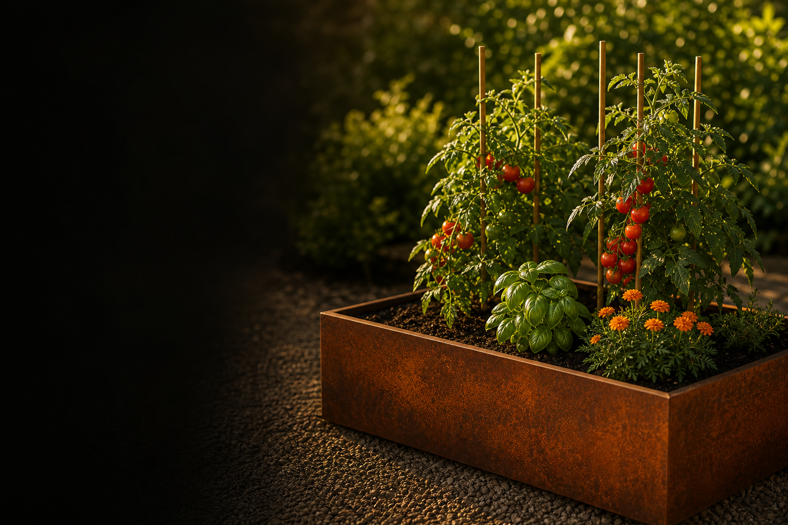 Pat înălțat Raised Bed din oțel corten Indio cultivat cu roșii, busuioc și gălbenele