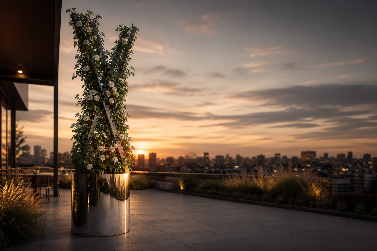 Flori albe cățărătoare pe spalierul unei jardiniere Indio din inox, pe o terasă la apus