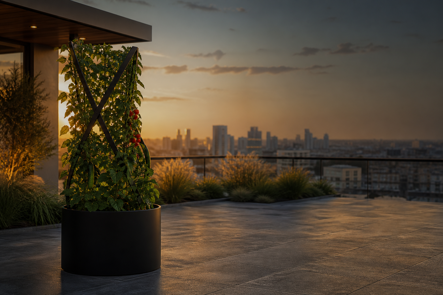Grădină verticală productivă într-o jardinieră metalică Indio cu spalier, pe o terasă urbană