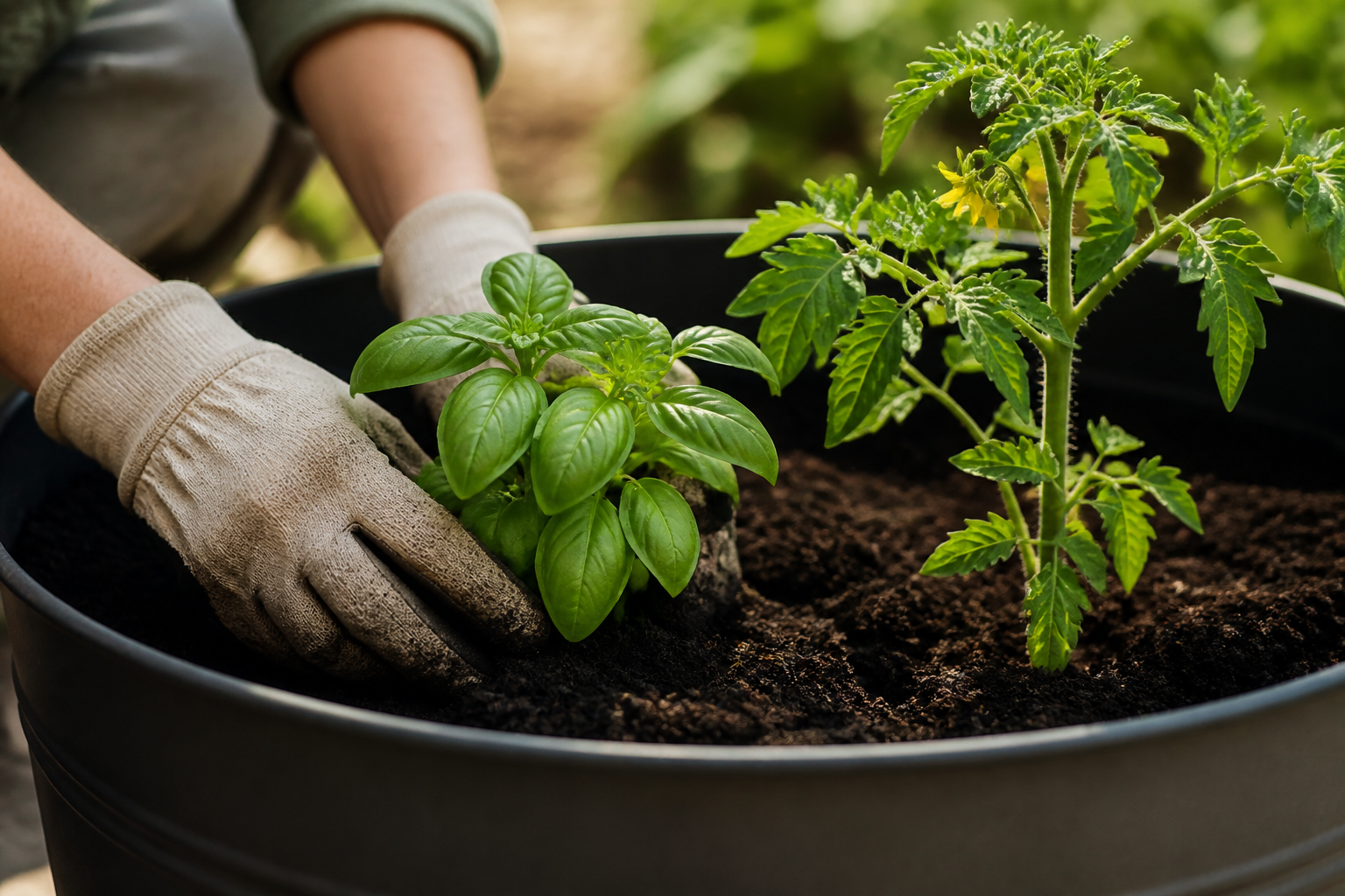 Plantare busuioc lângă roșii într-o jardinieră metalică Indio
