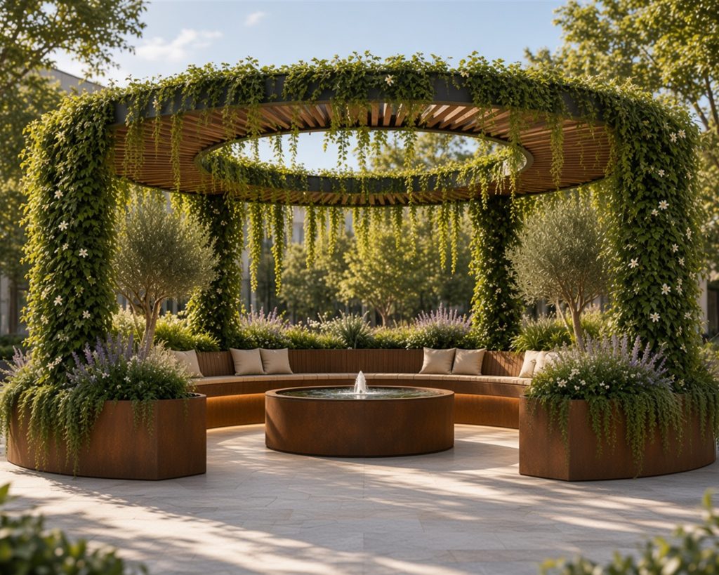 Indio OASIS™ — modul urban circular complet, pergolă, bancă și fântână
