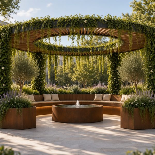 Indio OASIS™ — modul urban circular complet, pergolă, bancă și fântână